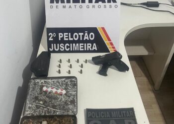 PM prende homem com arma de fogo e maconha dentro de carro em Juscimeira